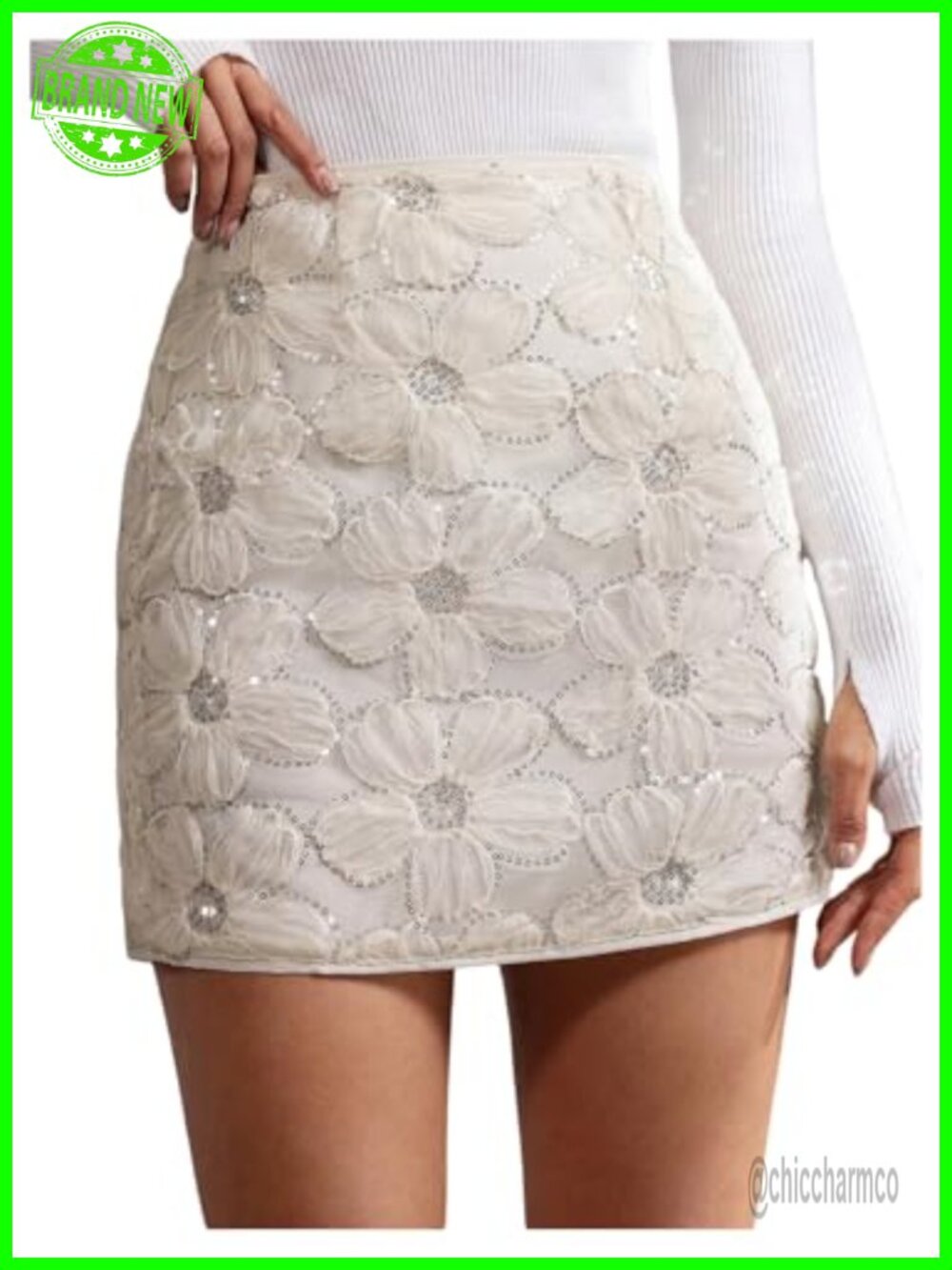 3D Floral Tulle Mesh Miniskirt Sequin High Waisted Party Date Night